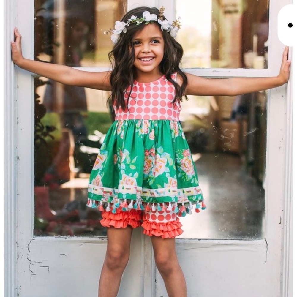 Wildflowers Set Girls 6 Green Pink Floral Polka Dot "Best in Show" Dachshund Dog